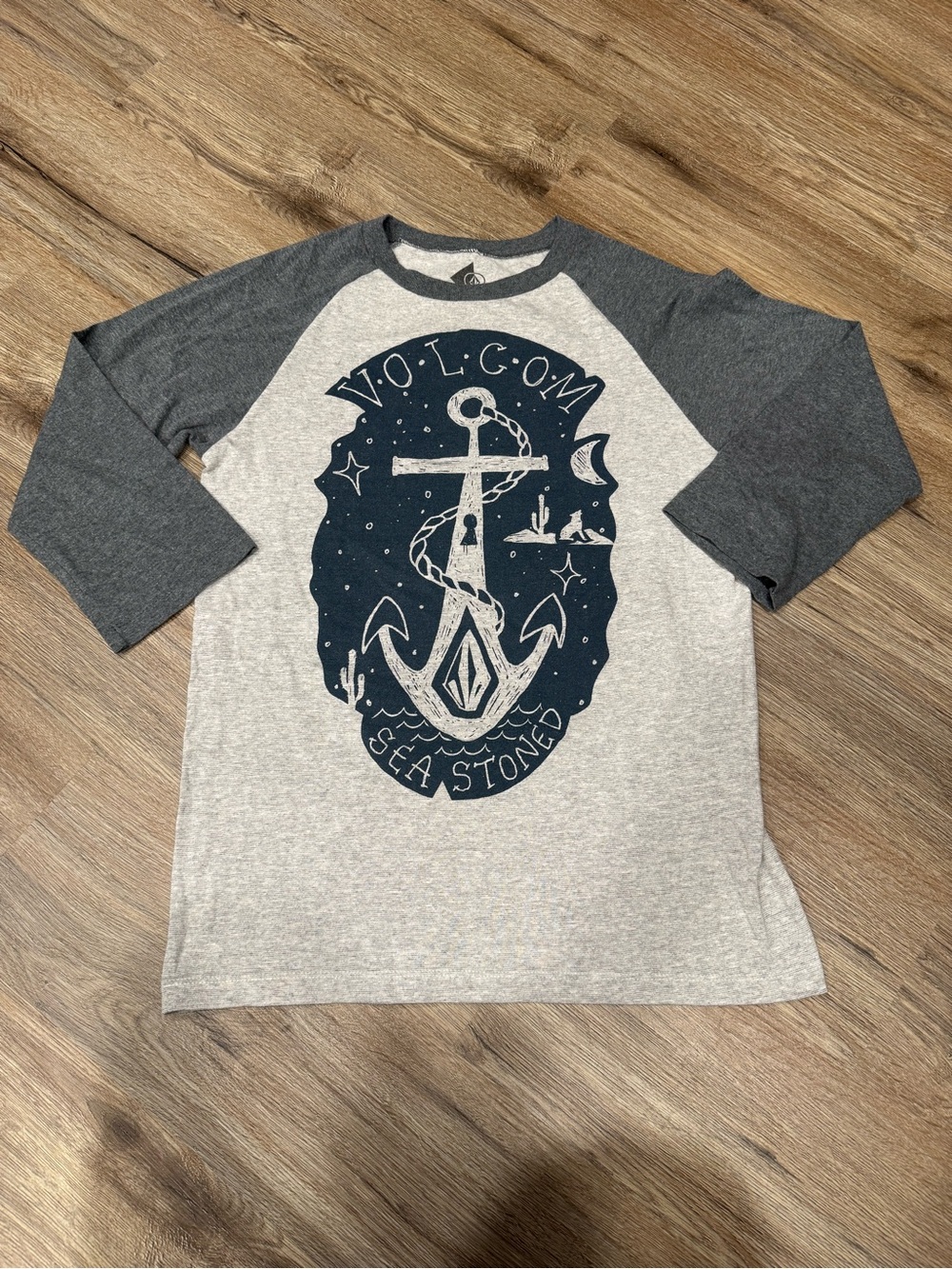 Volcom Sea Stoned 3/4 Sleeve Gray and Navy Raglan Anchor Graphic Long Sleeve Tee